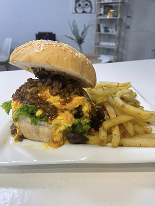 cheesy beef burger with fries